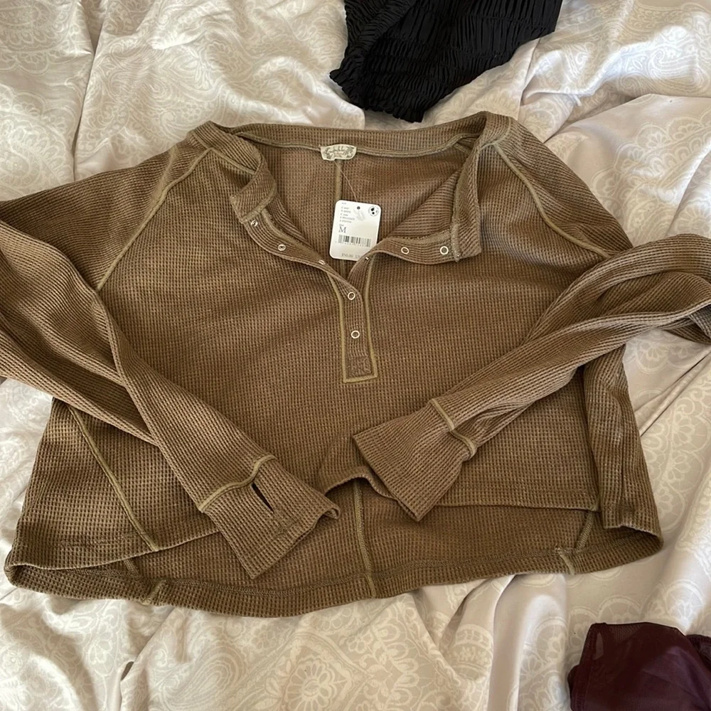 free people waffle knit crop henley army green